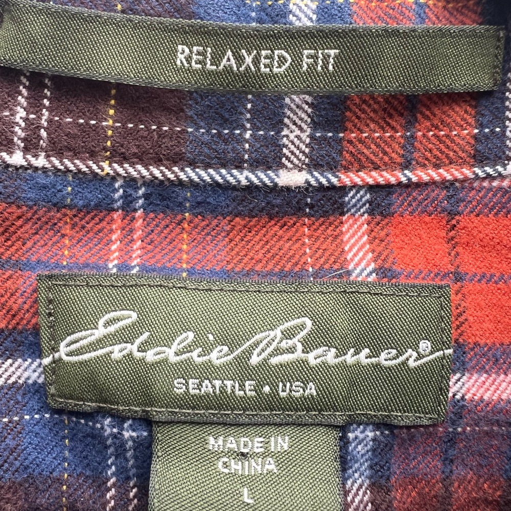 EDDIE BAUER Relaxed Fit Brown Plaid Tartan Flannel Button Down Shirt Mens Large - Picture 7 of 9